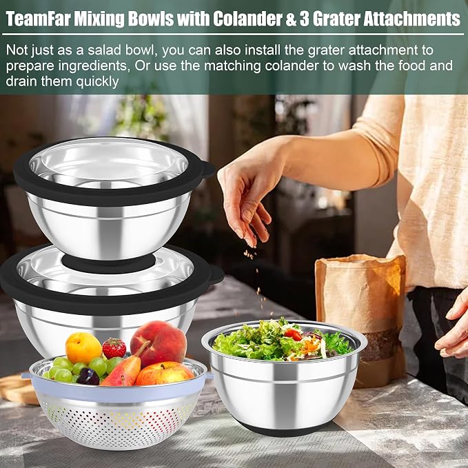 TeamFar Mixing Bowls with Colander, Stainless Steel Salad Bowls, Black | 4.6/ 3/ 1.5 QT Nesting Bowls Rotatable Fruit Strainer, with Lids & 3 Graters, Non-Slip Bottom & Visible Lid, Dishwasher Safe