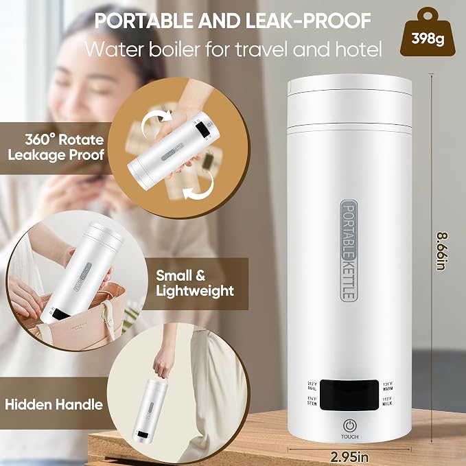 Travel Portable Electric Tea Kettle, Water Boiler,15oz,316 Stainless Steel | Small Coffee Heater, Fast Boiling Water, Auto Shut-off, Boil Dry Protection, 4 Temp Settings, Hotel,RV White