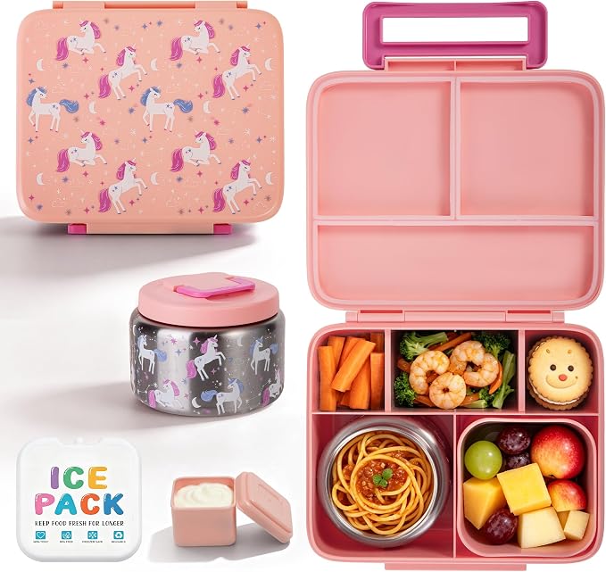 Kids Bento Lunch Box with 8oz Thermo, Ice Pack & Dividers for School | Food Container 5 Compartments,Insulated Food Jar,Keep Warm&Cold,Removable Dividers,Leak-Resistant,BPA-Free,Easy to Clean