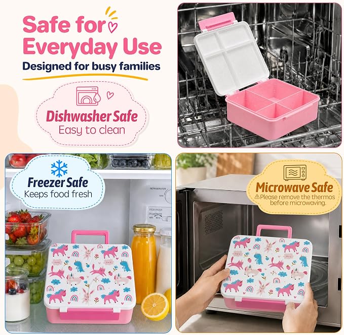 JSLOVE Bento Lunch Box with Leak Proof Thermos Food Jar for Kids, Food Lunch Containers for Girls with 4 Compartments, BPA-Free with Utensils, Food Picks, Sauce Jar & Silicone Lunch Box Dividers