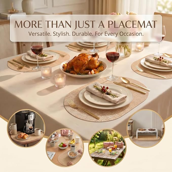Faux Leather Placemats Set of 4, Wipeable Waterproof Stain Resistant Table Mats, Heat Resistant Thick Placemats with Hand-Painted Edges for Kitchen Dining, Imitative Linen Texture, Various Shapes