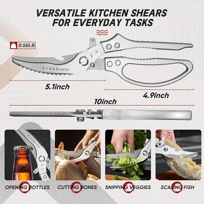 TIVOLI Multifunctional Poultry Shears Silver with Non-Slip Handle | Japanese SK5 High-carbon Stainless Steel, Ergonomic Non-Slip Handle, Gift Box, for Chicken, Meat, Turkey, Fish, Vegetables