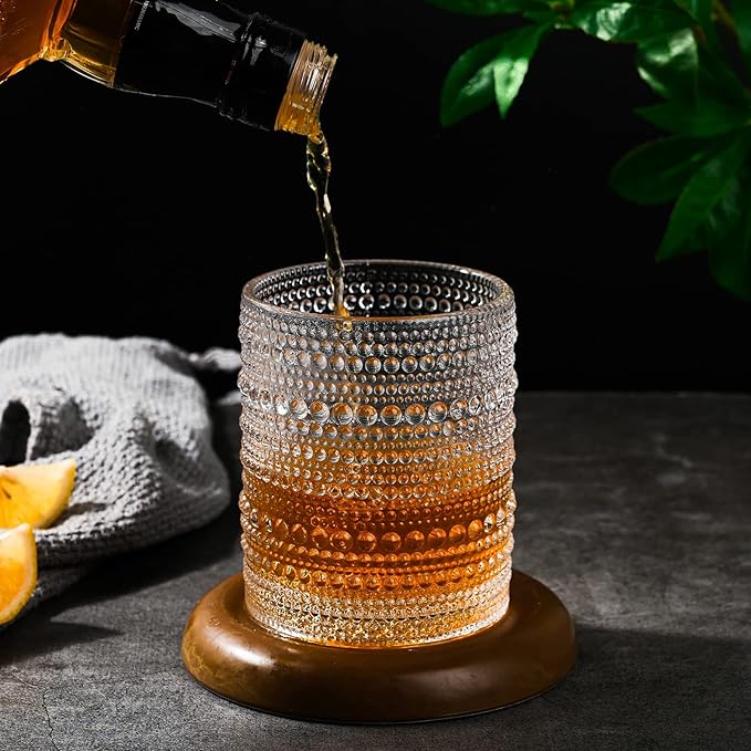 ZMOWIPDL Drinking Glasses Set of 6,12oz Clear Hobnail Glass Cups | Vintage Glassware，Embossed Water Tumbler,for Beer,Cocktail,Whiskey,Juice and Various Mixed Drinks- 1 Cleaning Brush