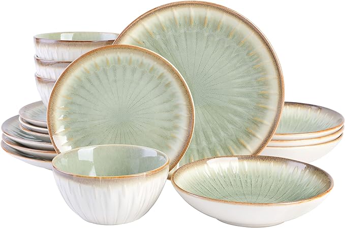 Gibson Elite Mayfair Bay 16-Piece Embossed Double Bowl Dinnerware Set, Service for 4 – Green Stoneware Plates and Bowls