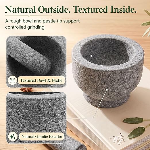 Flexzion Granite Mortar and Pestle Set, 4 Cup with Garlic Peeler, Gray | Large Molcajete Stone Grinder Bowl Includes a Matching Pestle, Garlic Peeler and Non-Slip Mat for Guacamole, Salsa and Spices