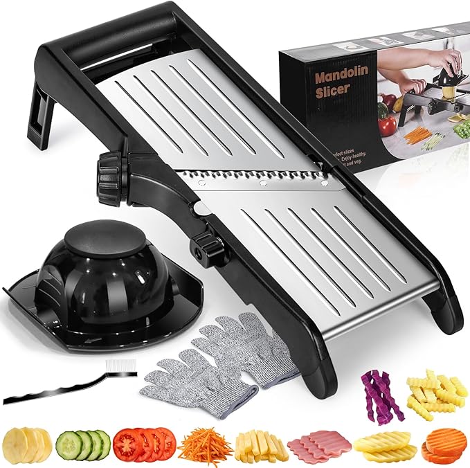 Mandoline Slicer for Kitchen, Adjustable Stainless Steel Food Slicer | Vegetable Chopper Onion Waffle French Fry Cutter Potato Chip Julienne Slicer with Safety Gloves & Cleanning Brush