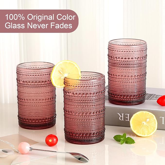 ZMOWIPDL Drinking Glasses Set of 6,15 oz Purple Hobnail Glass Cups | Vintage Glassware，Embossed Water Tumbler,for Beer,Cocktail,Whiskey,Juice and Various Mixed Drinks- 1 Cleaning Brush