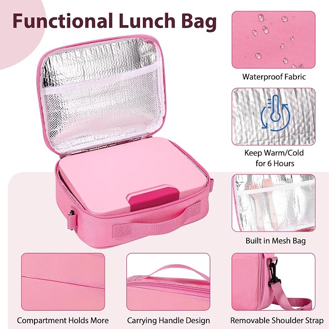 Kids Bento Lunch Box Set with 9.5oz Soup Thermo, Leak-Proof Lunch Food Containers with 3 Compartment and Removable Inner Tray, Insulated Hot Food Jar with Lunch Bag for School, Office, Pink