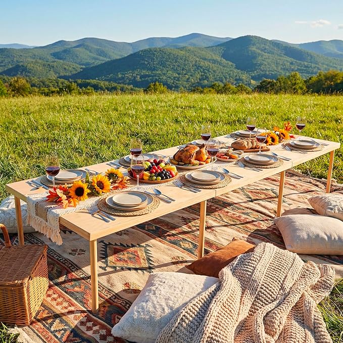 Novabright 90" x 30" Folding Boho Picnic Table with Woven Placemats and Table Runner Portable Low Picnic Floor Desk with Adjustable Legs for Beach, Wedding, Camping, 12 People, Tri-fold Style