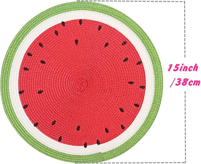 Zupro Round Watermelon Placemats Set of 4 Braided 15" Indoor Outdoor Usage | Embroidery Motif Heat Resistant Non-Slip Washable,for Kitchen Dining Tables Dinner Parties holiday and Everyday Use