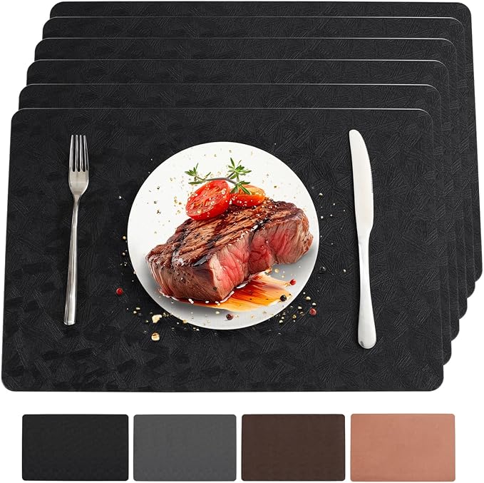 Black Vinyl Placemats Set of 6 Waterproof Wipeable Table Mats | Heat Resistant Easy Clean Place Mats Faux Leather Table Mats Washable PVC Table Placemats for Dining Table
