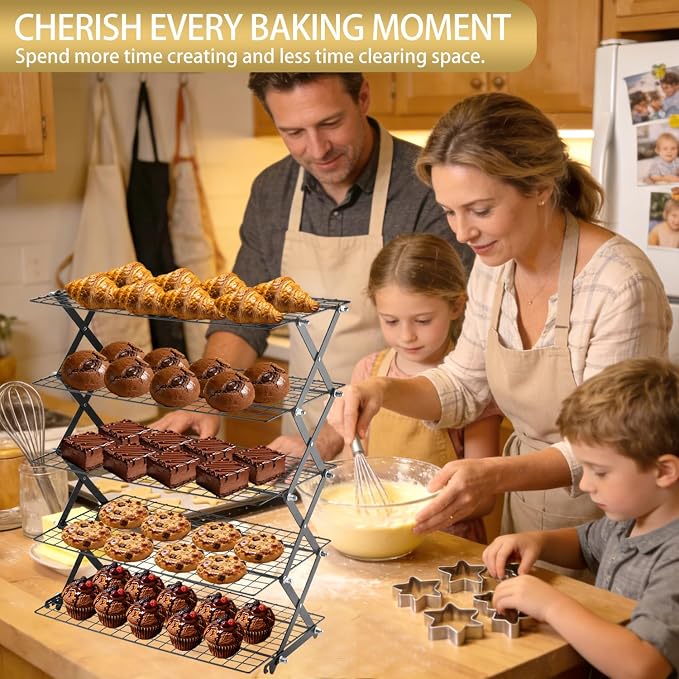5-Tier Stackable Cooling Rack for Baking, Collapsible Wire Cookie Rack with Adjustable Heights, Non-Stick Roasting & Drying Rack for Cupcakes, Pies and Pastries, Space-Saving Kitchen Essential