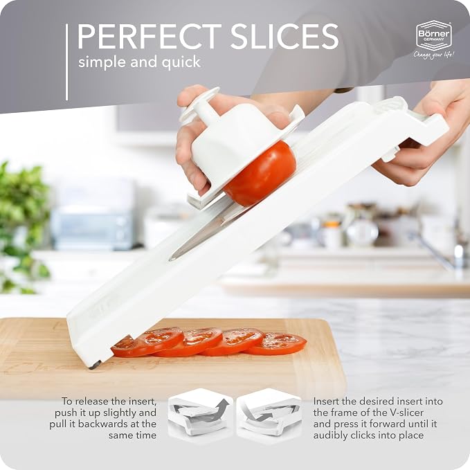 Mandoline Food Slicer Börner V3 (Profi Set) by Reston Lloyd • V-Slicer with 4 Inserts, Docking Station & Food Holder • Made in Germany • Fruit & Vegetable Chopper • Multiple Settings • Color: White