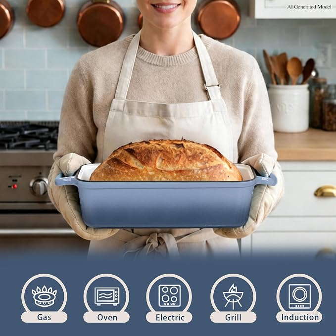11x5 Inch Cast Iron Loaf Pan with Lid, Sourdough Bread Baking | Large Loaf Pans for Baking Bread, Even Heat Distribution Dutch Oven Bread Pan for Homemade Bread, Meatloaf (5.8Qt, Seasalt)