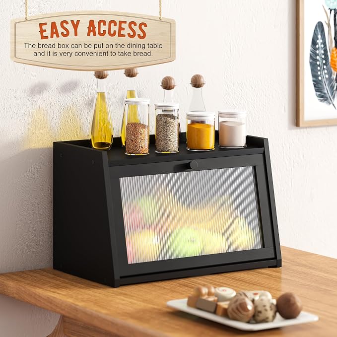 GHWIE Large Bread Box, Easy Access & Cleaning - Bamboo Bread Box for Kitchen Countertop with Acrylic Door (Black, Medium)