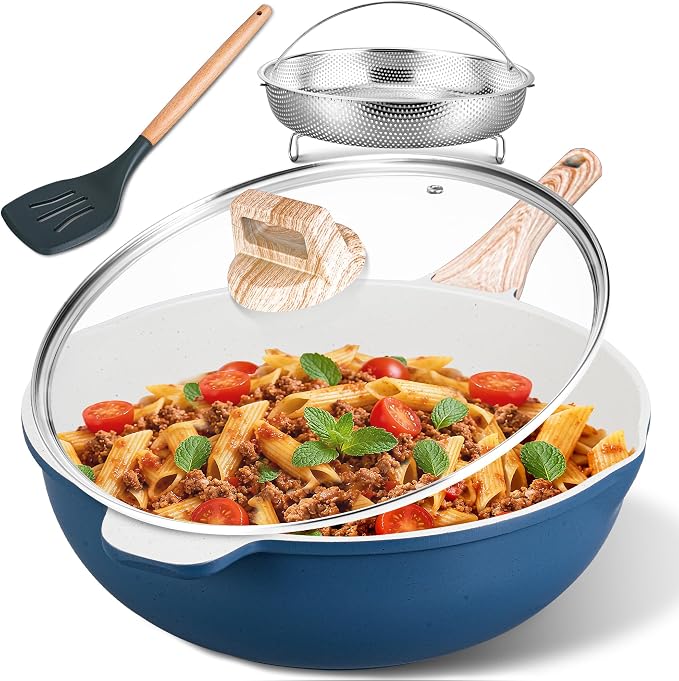 AOSION 11 Inch Nonstick Ceramic Deep Frying Pan, 5QT Sauté Pan. | With Lid & Steam Rack, Sauté Pan, Large Ceramic Skillet, Stay Cool Handle, Induction Compatible, PFOA & PFAS Free