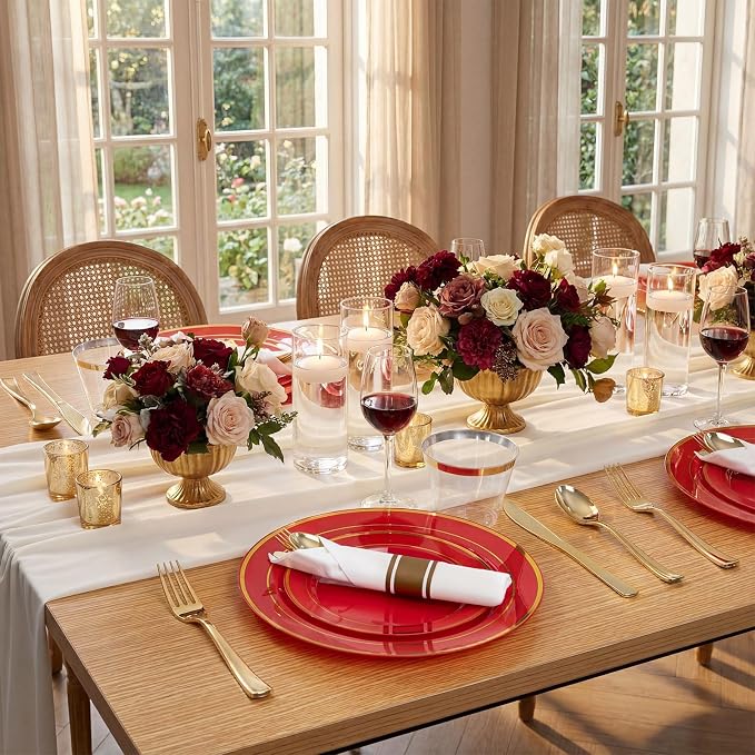 175 Pieces Red Plastic Plates with Gold Rim Include Dinner Plate 10" Dessert Plate 7" gold Cups 9 OZ, Pre Rolled Napkins 25 of each type for Wedding/Party/Birthday