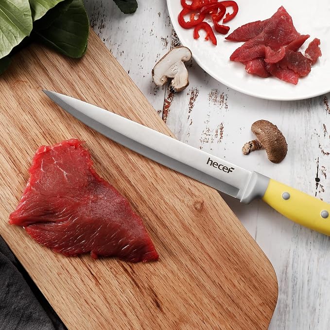 hecef Kitchen Knife Block Set, 14 Pieces, Yellow | Wooden Block, Sharpener Steel, All-purpose Scissors, High Carbon Stainless Steel