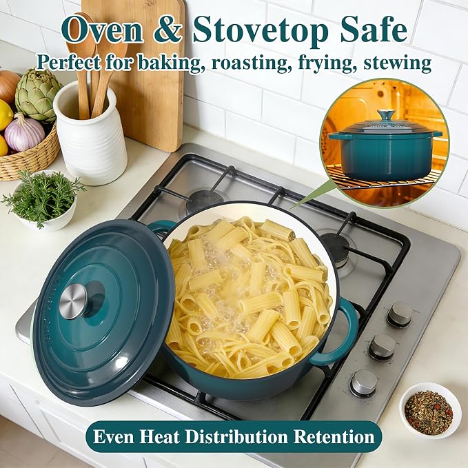 Umite Chef 7QT Enameled Cast Iron Dutch Oven with Lid & Cotton Potholders–Heavy-Duty Cookware for Bread Baking, Braising, Stews, Marinate, Cook(Emerald)