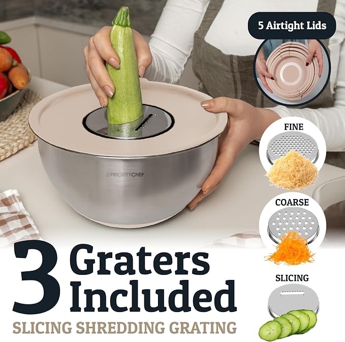 Stainless Steel Mixing Bowls with Lids Set, Metal Nesting Bowls with Airtight Lids, Graters, Non-Slip Base & Measurement Marks, Includes Utensil Set for Prep, Baking & Storage, Khaki
