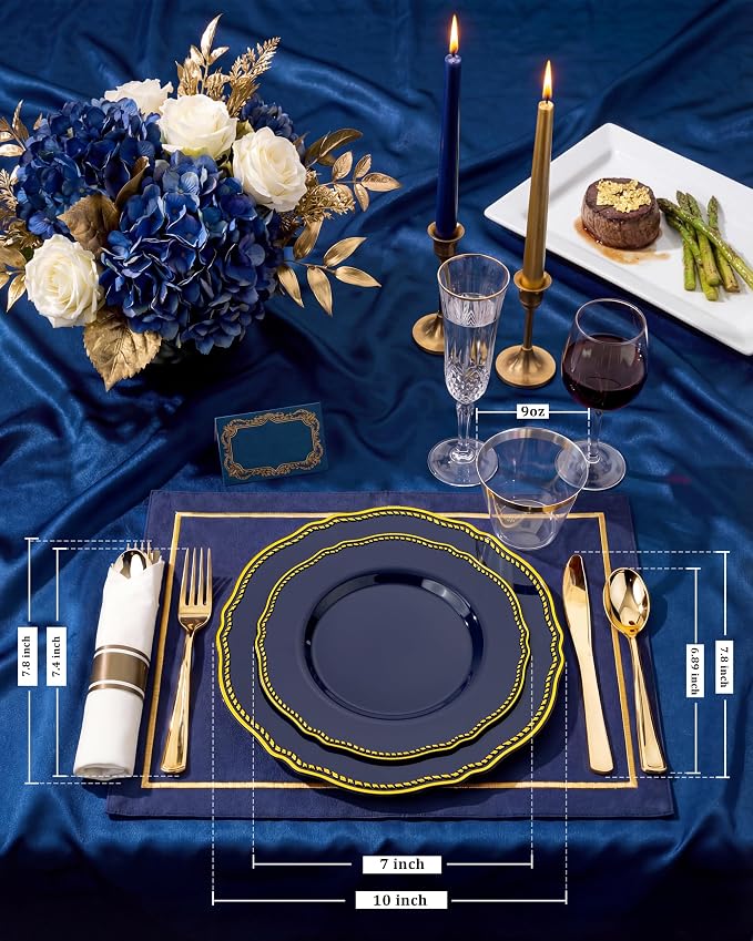 175 Pcs Blue Gold Plastic Plates Wedding & Party | Gold Plastic Dinnerware Set Includes 25 Dinner Plates, 25 Dessert Dinnerware, 25 Cups, 25 Napkins Perfect