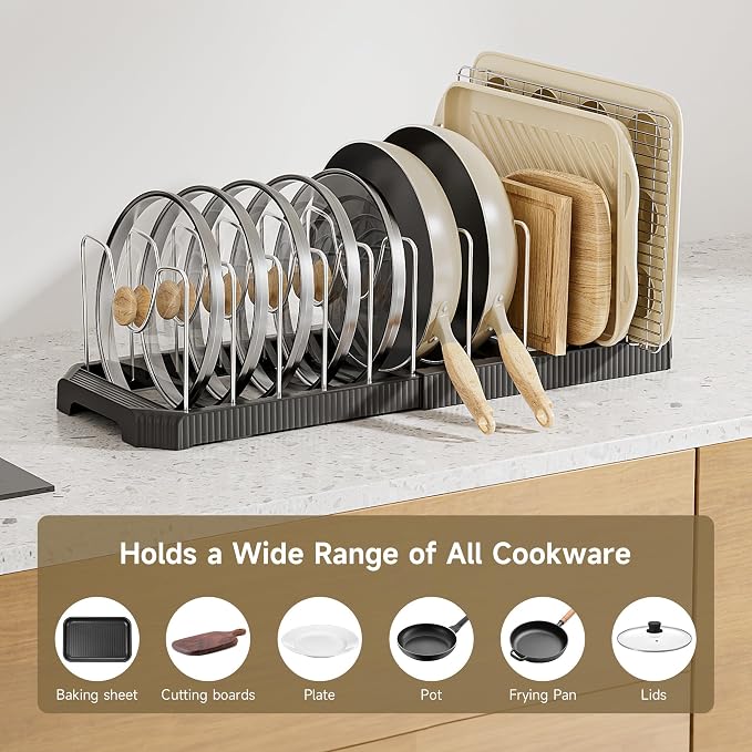 MUDEELA Pots and Pans Organizer under Cabinet, Pan Pot Organizer Inside Cabinet, Expandable 12.9''-21.88'' Pot Lid Organizer Holder with 12 Adjustable Dividers for Cutting Boards, Pan Lid Rack, Black