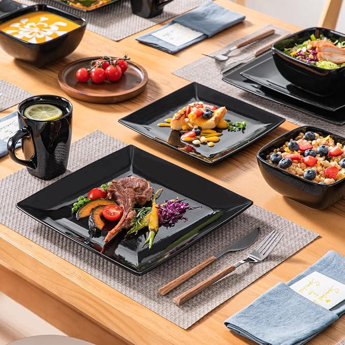 vancasso Soho Dinnerware Sets 24 Pieces, Black Stoneware Square Place Setting, Dinner Plate, Cups and Plates Sets for Kitchen, Dish Set for 6