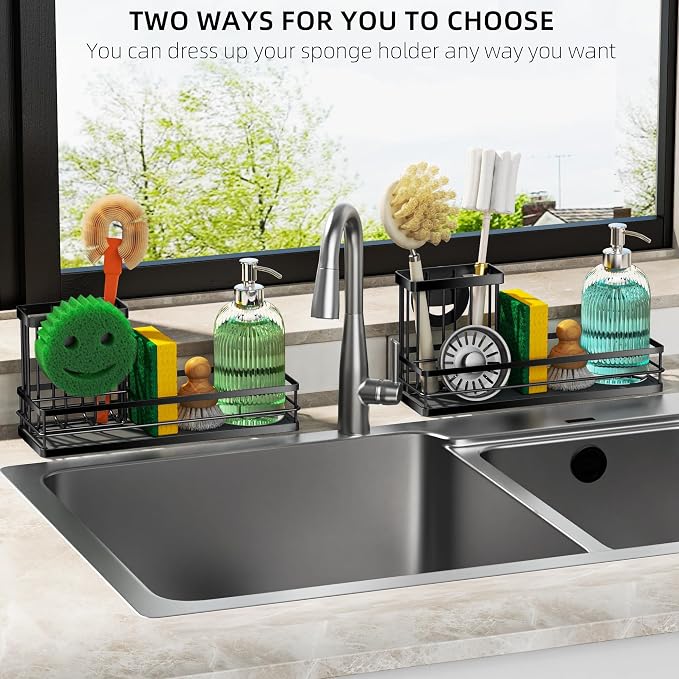 galasily Sink Caddy Organizer with Water Absorbing Stone Tray, Instant Dry Sponge Holder Smiley Face, Dish Brush Holder for Countertop, Kitchen Storage Accessories and Organization Essentials (Black)