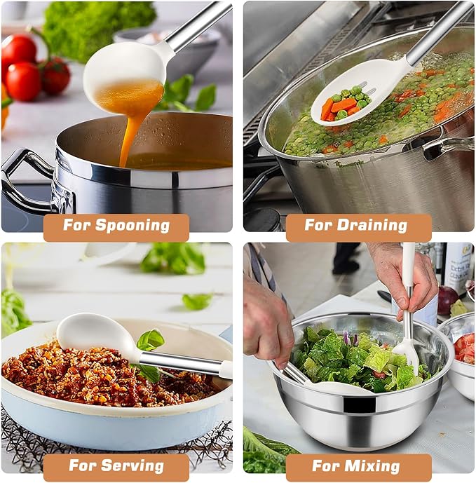TeamFar Kitchen Utensils, 4 PCS Silicone Cooking Utensils Spatula Spoon Set | with Stainless Steel Handle, for Frying Mixing Draining Turning, Healthy & Heat-proof, Non-stick & Dishwasher Safe - White
