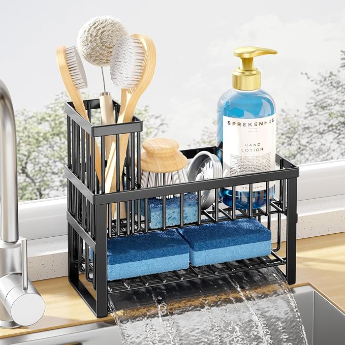 Kitsure Sponge Holder for Kitchen Sink, 9.3" x 4.1" x 8.5", Black | Kitchen Sink Caddy, Home Decor Accessories, Stainless Steel, High Brush Holder