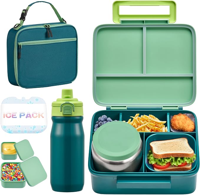 Bento Lunch Box for Kids with 8oz Soup Thermo, Leak-proof Lunch Food Containers with 5 Compartment, Insulated Lunch Bag & 17oz Stainless Steel Water Bottle for School, Trvael