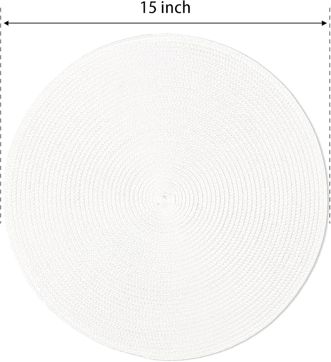 FunWheat Round Braided Placemats Set of 4 Table Mats for Dining Tables Woven Washable Non-Slip Place mats 15inch (White, 4pcs)
