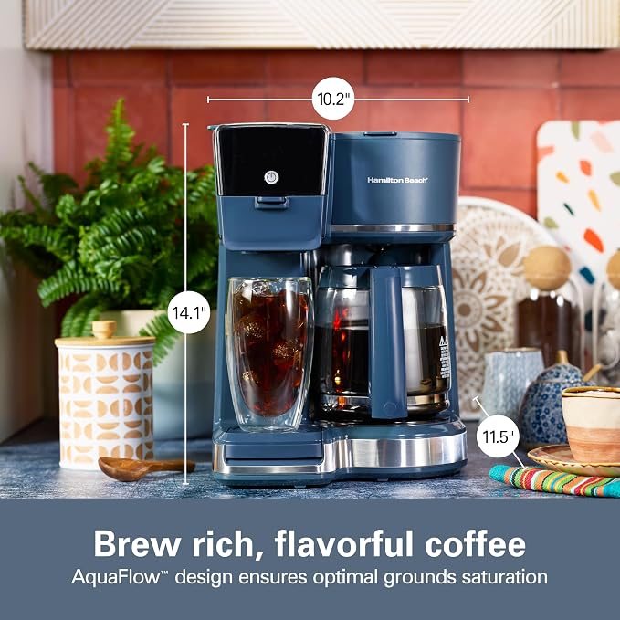 Hamilton Beach 2-Way Drip Coffee Maker & Single Serve Coffee Machine | Hot & Iced Coffee Maker| 12 Cup Glass Carafe| AquaFlow Showerhead | Auto Pause & Pour | Kitchen Makeover Blue |47502J