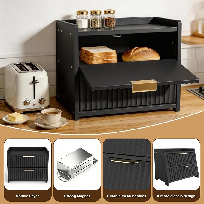 Large Bread Box for Kitchen Counter, Double Layer Wooden Bread Storage Container with Top Shelf, Countertop Organizer Cabinet for Bread, Bagels, Pastries, Coffee Station and Kitchen Essentials (Black)