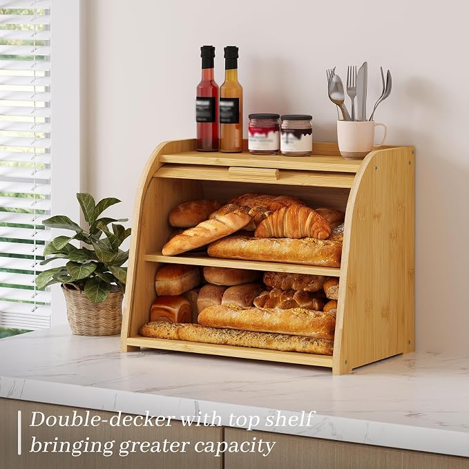 Kitsanery Bread Box for Kitchen Countertop, Bamboo Bread Storage, Double-Layer Roll-Top Bread Container, Farmhouse Bread Holder for Homemade Bread (Natural, double layer)