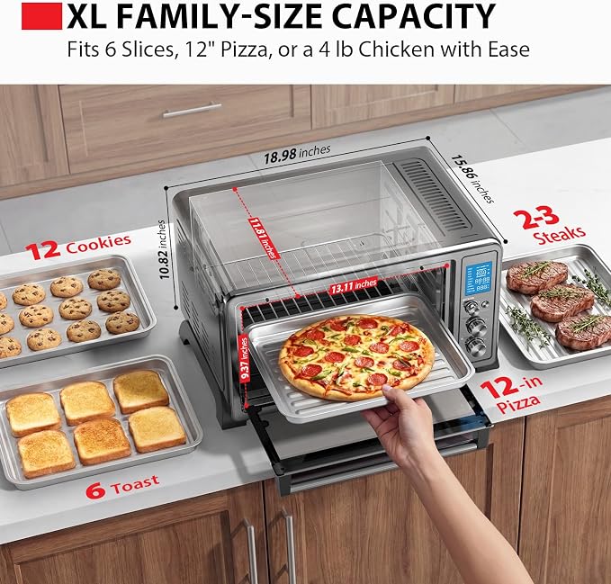 TOSHIBA 10-in-1 Convection Toaster Oven, 6-Slice Countertop Oven, 1500W | Bake, Broil, Rotisserie & Pizza Functions, LCD Knob Controls, 6 Accessories, with Toast, 1500W, Black Stainless Steel