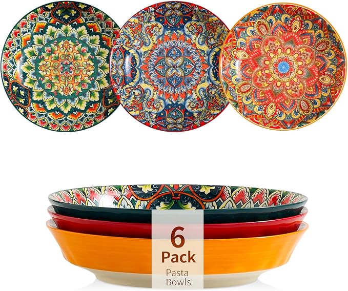 Ceramic Pasta Bowls Set of 6-8 inch 30 oz Serving Bowls, Colorful Dinner Bowls for Soup,Salad, and Pasta, Kitchen, Microwave, Dishwasher Safe, mexican, Bohemian Style