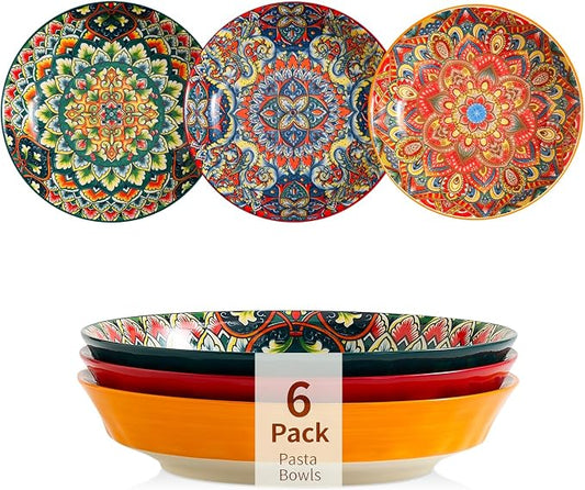 Ceramic Pasta Bowls Set of 6-8 inch 30 oz Serving Bowls, Colorful Dinner Bowls for Soup,Salad, and Pasta, Kitchen, Microwave, Dishwasher Safe, mexican, Bohemian Style