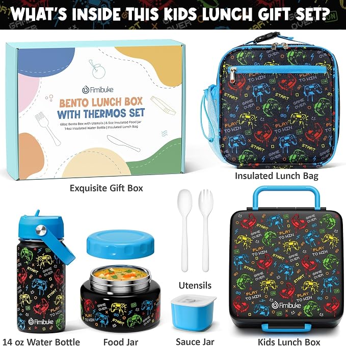 Fimibuke Bento Box for Kids Adult - Leakproof 3-4 Compartments Lunch Bento Box Set with Insulated Food Jar, Water Bottle, Lunch Bag, Sauce Cup & Cutlery for Toddler Teen Shcool Girl Boy Age 3+