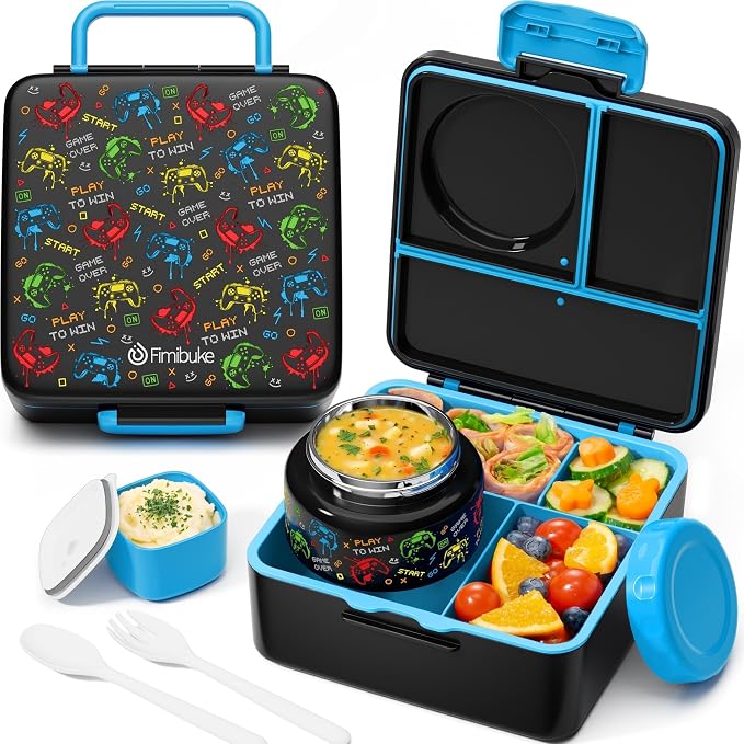 Fimibuke 60oz Leakproof Bento Lunch Box for Kids with 8.5oz Thermo Food Jar | 3-4 Compartment Toddler Lunch Box kids Food Container with Utensil Sauce Cup for School Boys Girls, Dishwasher Safe, BPA-Free