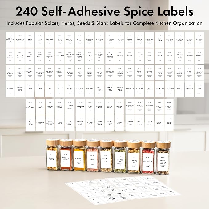 Glass Spice Jars with Label, 24x Bamboo Wooden Lids - White Labels | Airtight Lids keep spices fresh, Kitchen Spice Drawer Organizer, 4oz Seasoning Containers incl. Funnel, Brush & 240 Labels