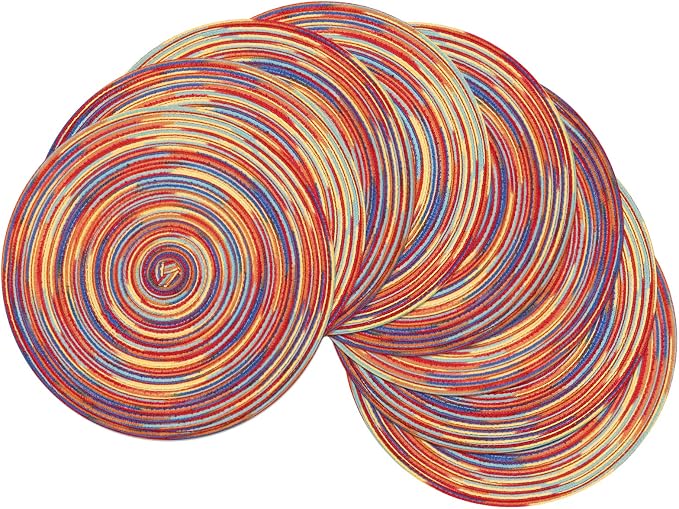 SHACOS Round Braided Placemats Set of 8 Washable 15 inch Round Table Mats Colorful Variegated Woven Place Mats for Dining Table (Rainbow Red, 8)