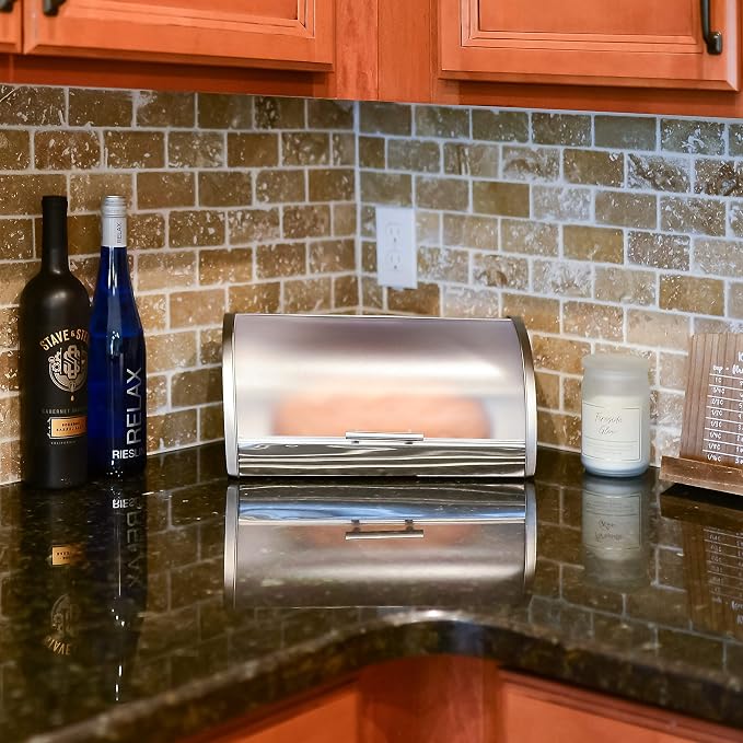 Stainless Steel Bread Box for Kitchen Countertop | Bread Holder Bin, Frosted Acrylic Roll Top Lid