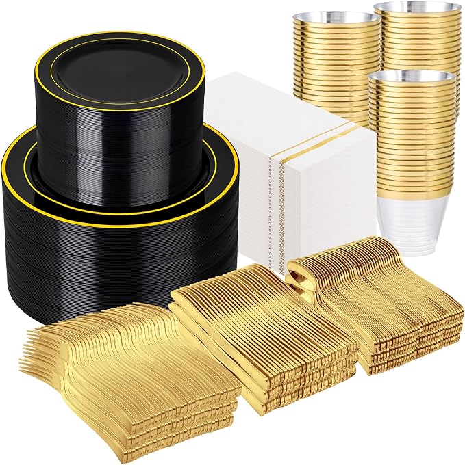 GATHER 700PCS Black Plastic Plates 100 Guest for Wedding Party Birthday | Black and Gold Disposable Plastic Dinnerware Set include 200 Plates, 300 Silverware, 100 Napkins, 100 Cups for Retirement