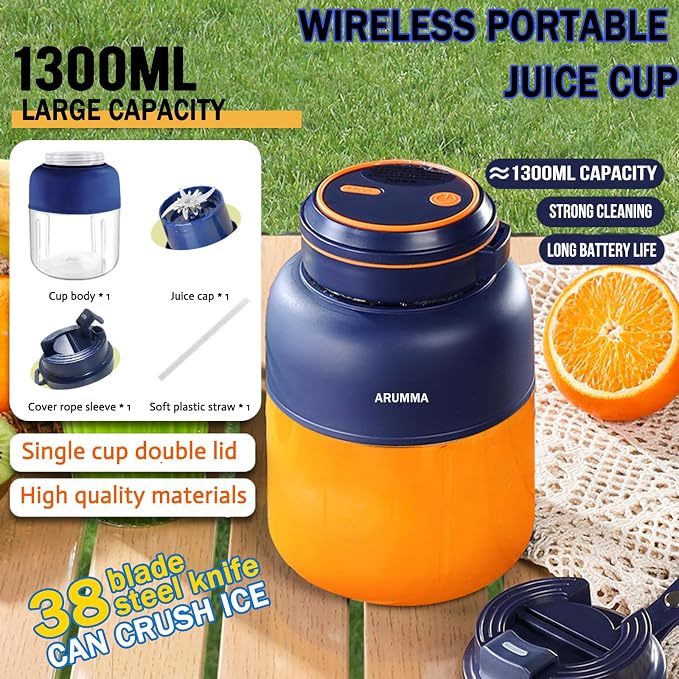 Portable Juice Cup Blender for Smoothies Shakes Fruit Crush Baby Food Maker 43oz 1300ML USB Charging Cordless Powerful Blades Blending Portable Smoothie Blender for Small Ice Kitchen Outdoor