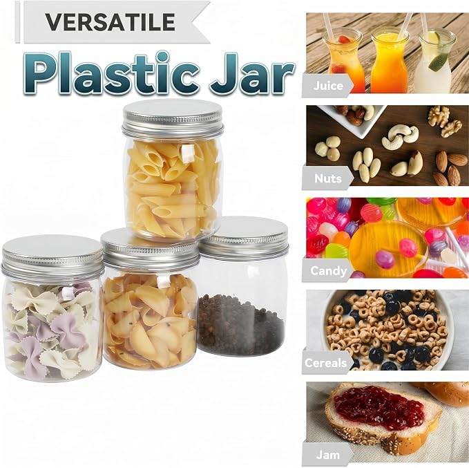 novelinks 8 oz Plastic Mason Jars and Clear Plastic Jars with Lids 8 oz | 8 Pack, Silver, Plastic Containers with Lids, Small Mason Jars, Clear Jars Bulk, Spice Jars, Slime Jars, Mini Jars