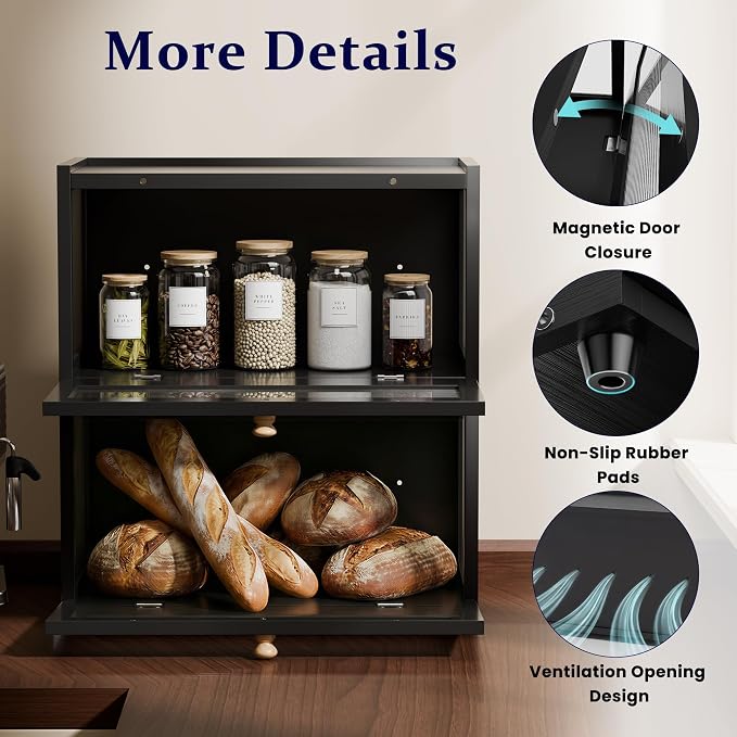 Stackable Bread Box for Kitchen Countertop, 2 Tier Bamboo Bread Storage Container Holder Bin for Baked Goods Snacks Farmhouse Breadbox with Acrylic Window for Pantry Cabinet Cupboard, Black