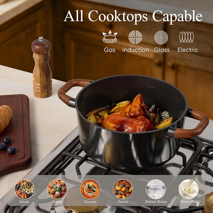 CAROTE 5QT Ceramic Stock Pot with Ladle, Nonstick Casserole with Lid, Even Heating Stockpot, Fits All Stoves, Non Stick Large Capacity Cooking Pots, PFAS Free, Black