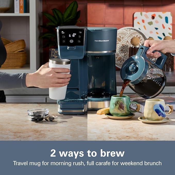 Hamilton Beach 2-Way Drip Coffee Maker & Single Serve Coffee Machine | Hot & Iced Coffee Maker| 12 Cup Glass Carafe| AquaFlow Showerhead | Auto Pause & Pour | Kitchen Makeover Blue |47502J