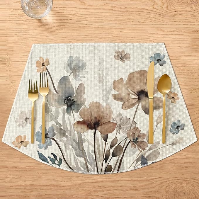 Artoid Mode Brown Poppy Floral Round Table Wedge Placemats Set of 4, Seasonal Kitchen Dining Table Decoration for Indoor Party Home